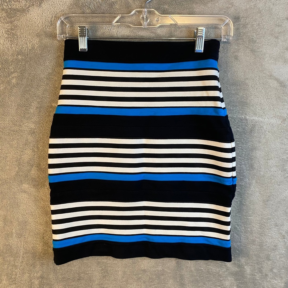 Express Skirt Womens 00 Bandage Bodycon Black Blue White Striped EUC